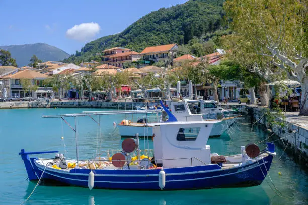 Fishing boats in the harbor at Vasiliki in Lefkada in Greece