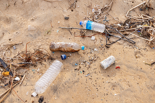 Trincomalee, Eastern Province, Sri Lanka - March 3rd 2023: Empty plastic bottles washed ashore on the popular tropical beach north of the city