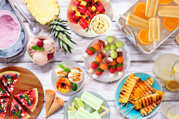 istock Refreshing summer food table scene, top down view on a white wood background 1486339027