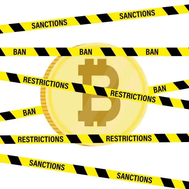 Vector illustration of Bitcoin in warning tapes. Restriction on the use of crypto currencies. Ban on bitcoin exchange. Sanctions against crypto markets. Ban on transactions and cryptocurrency mining.