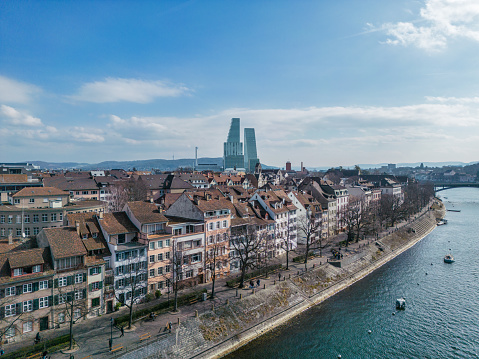 Aerial view of Basel at with the Rhine River in view.