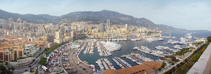 Aerial photograph of Bonifacio port in South of Corsica. Harbour. Limestone cliffs. Fortress.