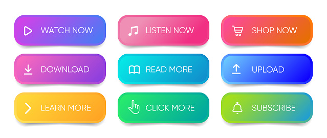 3d Click Here Web Buttons Set Of Action Button Hand Cursor And Arrow ...