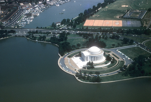 Washington, DC - 1963: Vintage Nikon film scan aerial photograph of the Thomas Jefferson Memorial in Washington, DC.