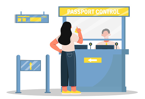 Passport control concept. Woman standing in front of counter with customs officer. Flights and passport control. Airport terminal and control tower. Cartoon flat vector illustration