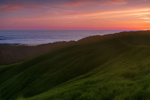 Vibrant Sunset of Santa Cruz Mountains via Russian Ridge Open Space Preserve in San Mateo County, California, USA.