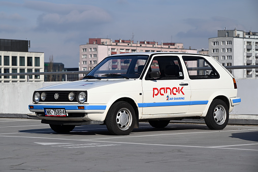 Warsaw, Poland - 1st March, 2023: Classic Volkswagen Golf II carsharing vehicle. This model was one of the most popular cars in Europe in 80s.