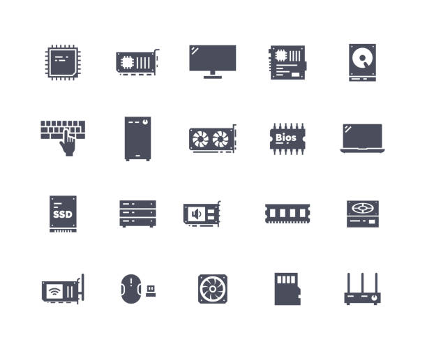 illustrations, cliparts, dessins animés et icônes de composants informatiques ensemble noir - grille à pâtisserie