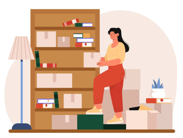 Storage of things. Woman looking for boxes on shelves. Closet with books in apartment. Library with bookshelves. Room and house interior. Small mini warehouse. Cartoon flat vector illustration