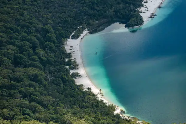 Photo of Aerial view of Lake McKenzie, Fraser Island (K'gari), a sand  island along the south-eastern coast in the Wide BayâBurnett region, Queensland, Australia.