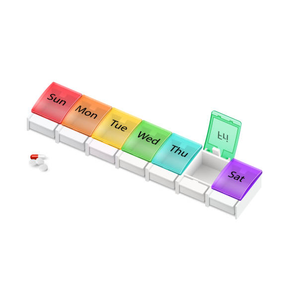 Pill Organizer Illustration of Plastic Pharmacy Organizer for Pills for Each Day of the Week on White Background. A Weekly Medicine Dispenser Opened for Friday pill organizer stock illustrations