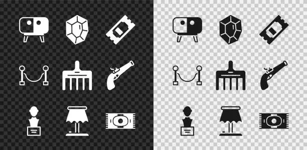 Vector illustration of Set TV table stand, Gem stone, Cinema ticket, Gypsum head sculpture bust, Table lamp, Classic carpet, Rope barrier and Hairbrush icon. Vector