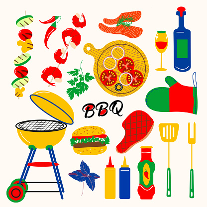 BBQ party icons set, barbecue, grill or picnic.Barbecue cooking equipment collection - grill, skewer, meat, fish, seasonings, vegetables isolated on white. Barbecue tools vector illustration.