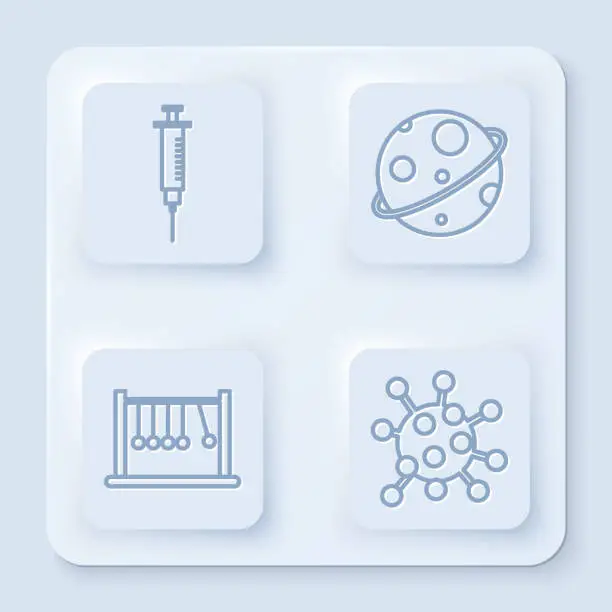 Vector illustration of Set line Syringe, Planet, Pendulum and Bacteria. White square button. Vector