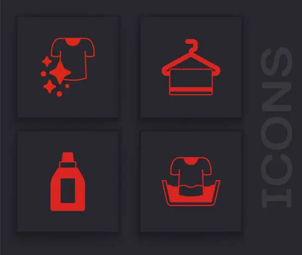Vector illustration of Set Basin with shirt, Drying clothes, Towel on hanger and Bottle for cleaning agent icon. Vector
