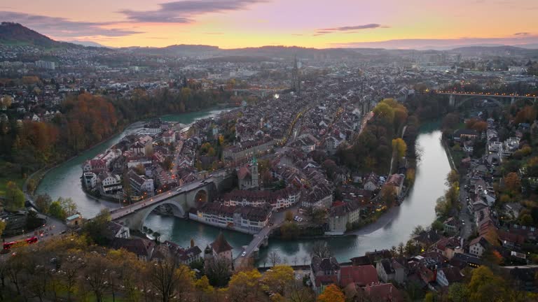 Aerial colorful twilight sky view of Bern town, the capital city of Switzerland.