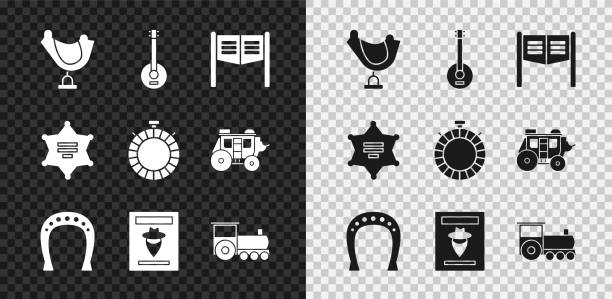 ilustrações de stock, clip art, desenhos animados e ícones de set wild west saddle, banjo, saloon door, horseshoe, wanted western poster, retro train, hexagram sheriff and canteen water bottle icon. vector - wanted poster poster old wild west