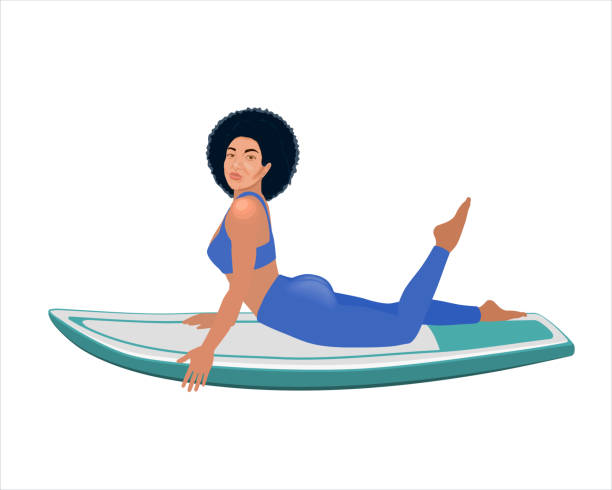 illustrazioni stock, clip art, cartoni animati e icone di tendenza di una ragazza felice in un leggings blu giace su una tavola da surf. - one person white background swimwear surfboard