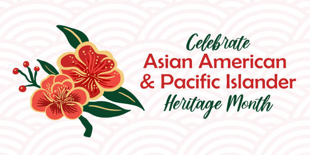 ilustrações, clipart, desenhos animados e ícones de bandeira vetorial do mês asian american, pacific islander heritage com fundo de padrão de onda oriental e flor de peônia de estilo asiático. celebração da aapi. - asian background