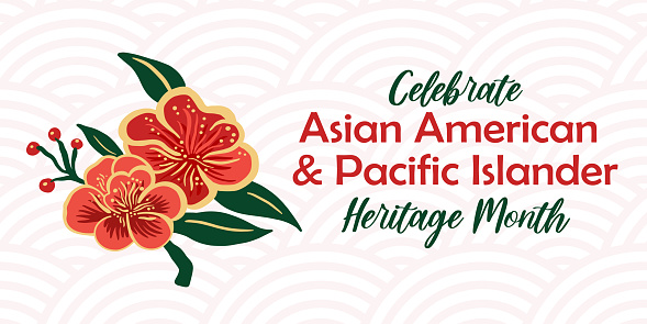 Asian American, Pacific Islander Heritage month vector banner with oriental wave pattern background and asian style peony blossom. AAPI celebration