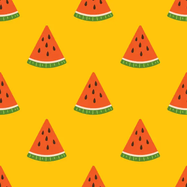 Vector illustration of Vector seamless pattern with watermelon slices. Slices of fresh watermelon on yellow background. Summer backdrop with fresh juicy watermelons. Botanical pattern with tropical fruits or berries.