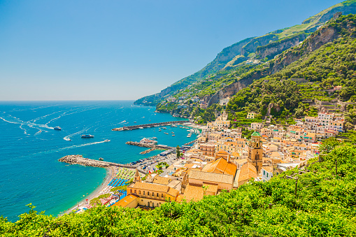 Very wide panorama from top view of Monaco with tribunes for championship of race open-wheel single-seater racing car