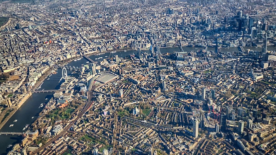 London's Tower Bridge seen from above at golden hour.