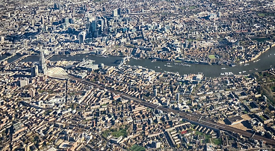 An arial perspective of central London.