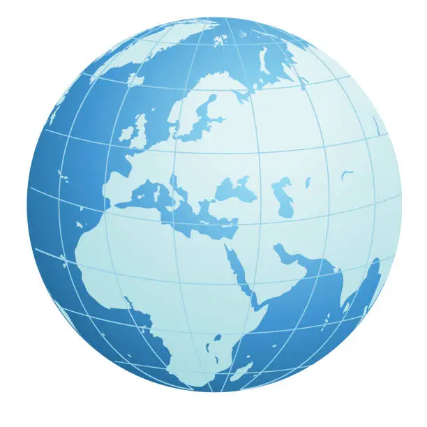 Vector illustration of Shiny Blue Globe Of Europe And Asia On A Transparent Background