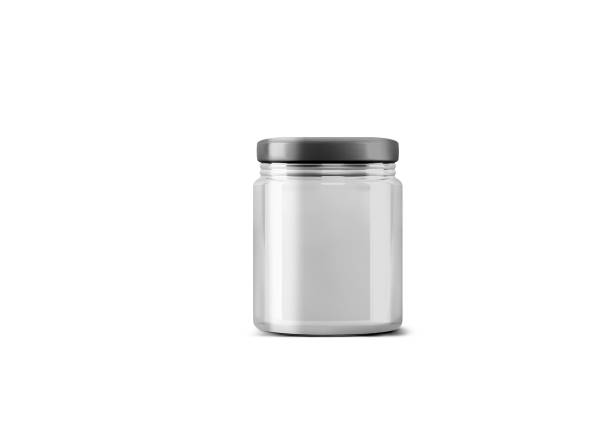 istock 3D rendering of an isolated clear glass jar with a black lid on a white background, small sized 1486385339