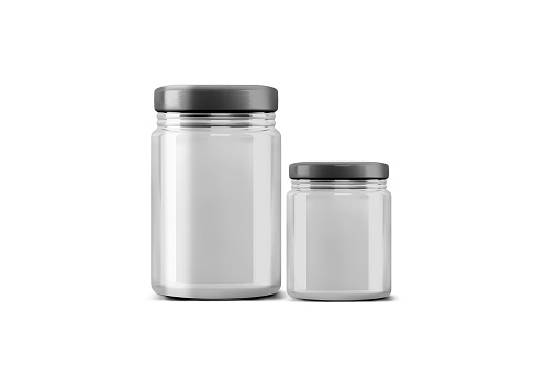 A 3D rendering of two clear glass jars with black lids isolated on a white background