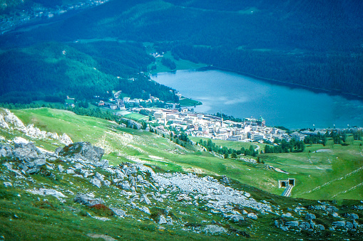 1989 old Positive Film scanned, the view of St. Moritz from Funicular, Switzerland.