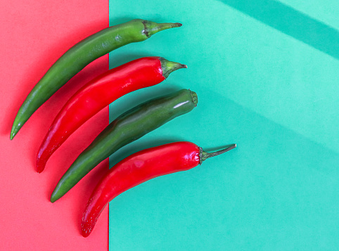 Four hot red and green chili peppers lie on the left on a green-red background with copy space on the right, flat close-up. Cinco de Mayo concept, minimalism, blanks.