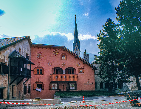 1989 old Positive Film scanned, Village street view,  Zuoz, Switzerland.