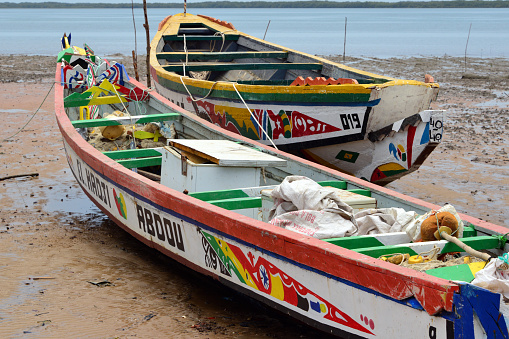Cacheu, Guinea-Bissau, West Africa: colorful artisanal fishing boats waiting for the high-tide - estuary of the Cacheu River.