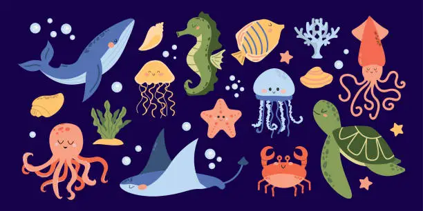 Vector illustration of Vector set of marine life. Cute whale, squid, octopus, stingray, jellyfish, fish, crab, seahorse. Algae and sea shells. Fish and wild sea animals isolated on blue background. Cartoon style.