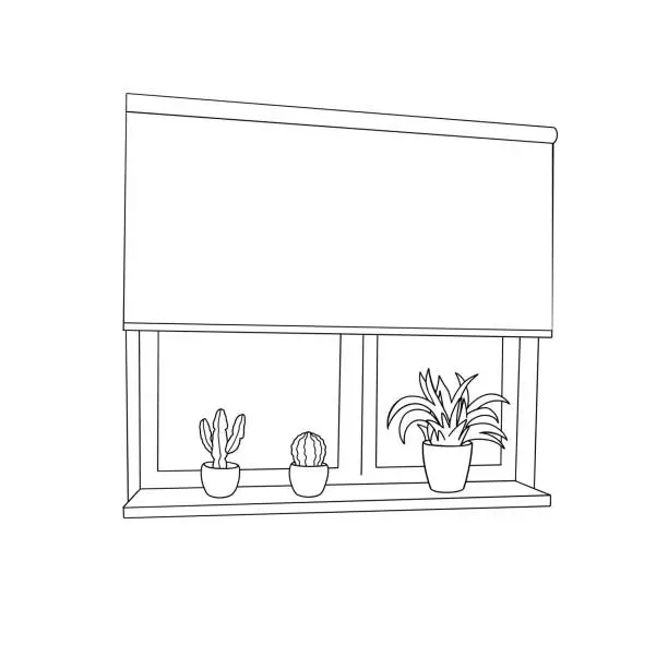 Vector illustration of Window with a night city view, roller blackout blinds and potted plants