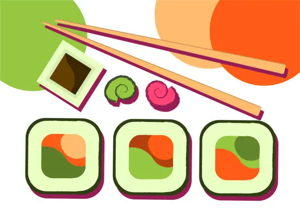 Vector illustration of Sushi bright trend banner. Advertisement for sushi and rolls. Asian food. Japanese food