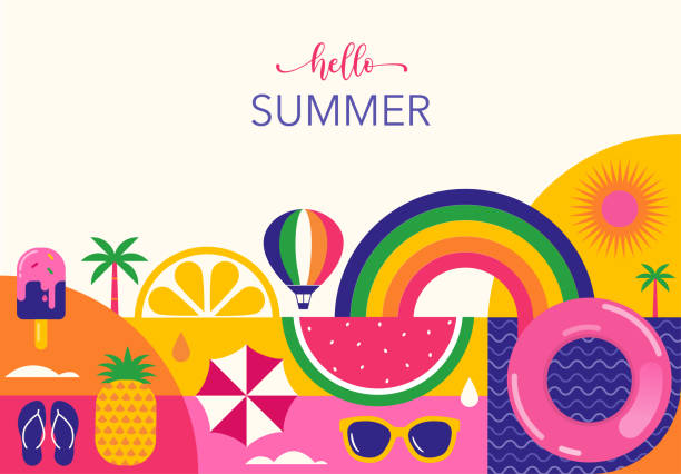 Colorful Geometric Summer Background, poster, banner. Summer time fun concept design promotion design Colorful Geometric Summer Background, poster, banner. Summer time fun concept design promotion vector design interesting vacations stock illustrations