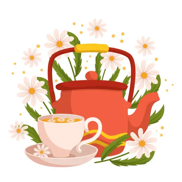 Vector illustration of Chamomile Tea In Pot And Cup. Caffeine-free Herbal Infusion Made From The Dried Flowers Of The Chamomile Plant