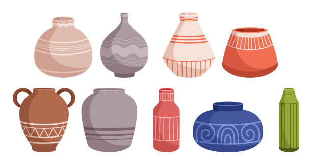 set vas berwarna-warni dengan bentuk dan pola unik sempurna untuk menampilkan bunga segar atau kering ilustrasi kartun - vas bentuk unik  ilustrasi stok