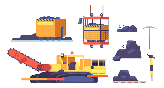 Set of Coal Mining Equipment Includes Conveyor, Excavator, Loader, Dragline, Shovels, Pickaxe, Sledgehammer And Drills Used To Extract Coal From Underground Mines. Cartoon Vector Illustration