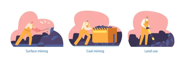 Vector illustration of Coal Mining Set. Miner Characters Working On Quarry With Tools, Transport And Technique. Extraction Industry