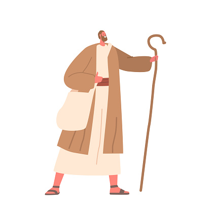 Ancient Wanderer With Staff. Male Character Armed With A Trusty Staff As A Symbol Of Guidance And Resilience In Their Journey Of Exploration And Discovery. Cartoon People Vector Illustration