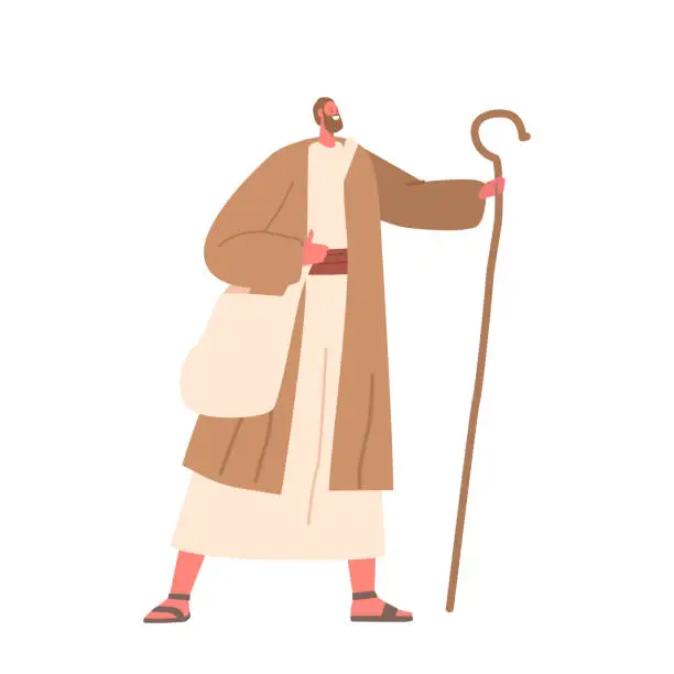 Vector illustration of Ancient Wanderer With Staff. Male Character Armed With A Trusty Staff As A Symbol Of Guidance And Resilience In Journey