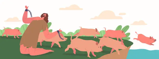 Vector illustration of Jesus Cast Out A Demon, Driving It Into A Herd Of Pigs. Biblical Event Depicting Jesus' Power Over Evil Spirits