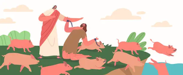 Vector illustration of Jesus Christ Character Expelled Demon From Possessed Man Into A Group Of Swine, Causing Them To Stampede Into The Sea