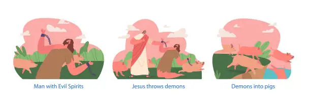 Vector illustration of Biblical Testament Scenes Jesus Christ Character Expelled Demon From Possessed Man Into A Group Of Swine, Illustration