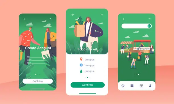 Vector illustration of Food Market Mobile App Page Onboard Screen Template. Male and Female Characters Buy Fresh Healthy Foods
