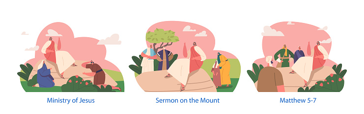 Jesus Delivered The Sermon On The Mount, Teaching His Followers The Beatitudes, The Lord's Prayer, And Other Spiritual Teachings On A Hill Near The Sea Of Galilee. Cartoon People Vector Illustration